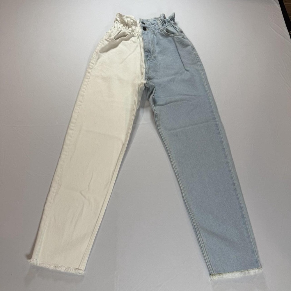 Perry Fast Fashion Jeans Womens 4 Two Tone White Blue Paperbag Waist Excellent